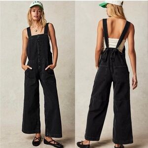 Free People Black Wide-Leg Denim Overalls Jumpsuit